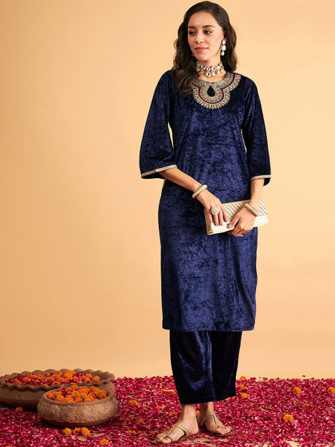 Shae by SASSAFRAS Navy Blue Thread Work Velvet Straight Kurta