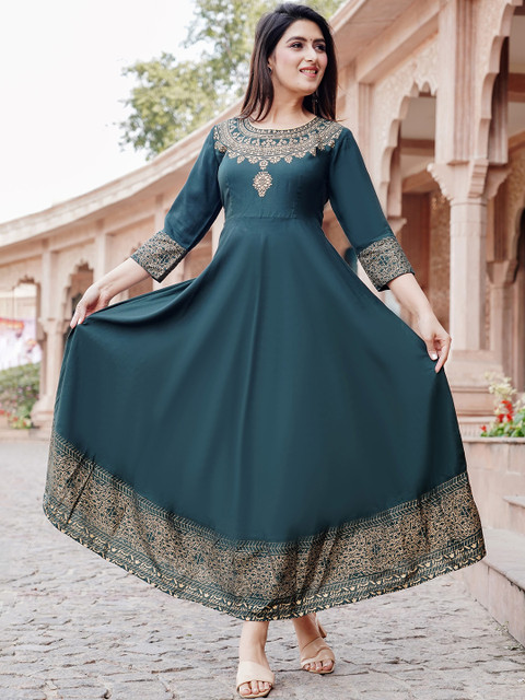 KALINI Ethnic Motifs Printed Fit & Flare Midi Ethnic Dress With Dupatta