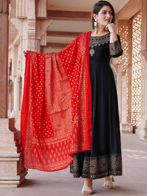 KALINI Ethnic Motifs Printed Fit & Flare Midi Ethnic Dress With Dupatta