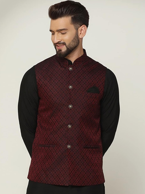 KISAH Men Woven Jacquard Zari Regular Fit Nehru Jacket