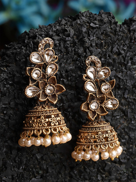 KARATCART Gold Plated Kundan Studded & Beaded Jhumkas