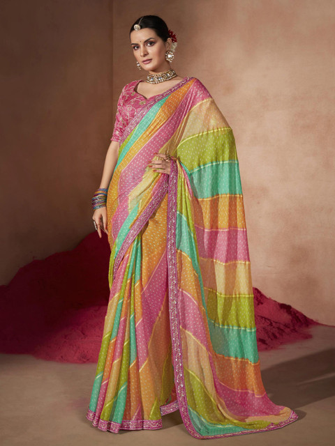 Anouk Green & Pink Bandhani Printed Sequinned Pure Chiffon Bandhani Saree
