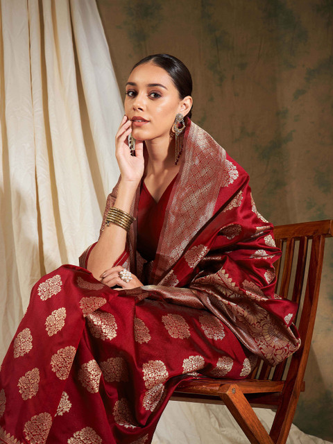Sangria Red Ethnic Motifs Woven Design Zari Banarasi Saree