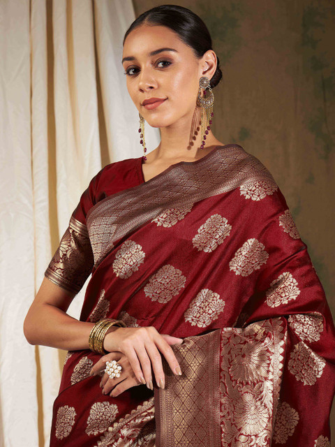 Sangria Maroon Ethnic Motifs Woven Design Zari Banarasi Saree