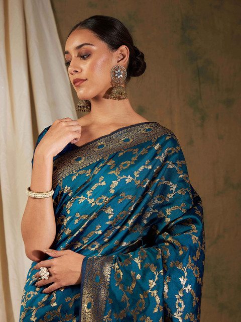 Sangria Blue Floral Woven Design Zari Kanjeevaram Saree