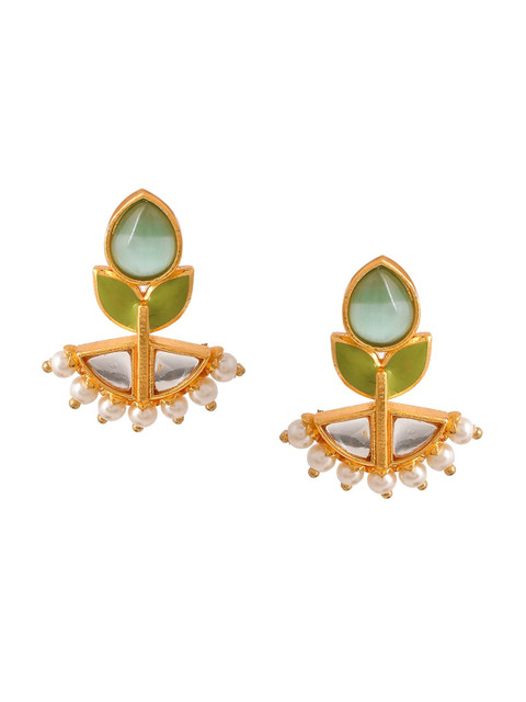 Voylla Gold Plated Kundan Studded & Pearls Beaded Drop Earrings - Image 2