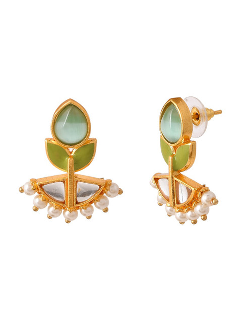 Voylla Gold Plated Kundan Studded & Pearls Beaded Drop Earrings - Image 3