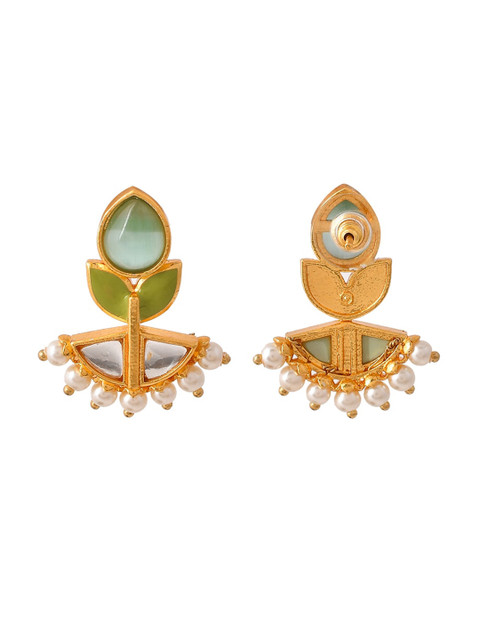 Voylla Gold Plated Kundan Studded & Pearls Beaded Drop Earrings - Image 4