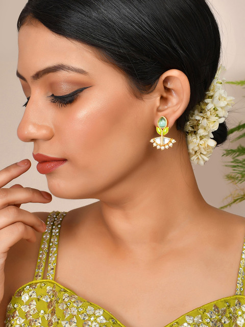 Voylla Gold Plated Kundan Studded & Pearls Beaded Drop Earrings - Image 5