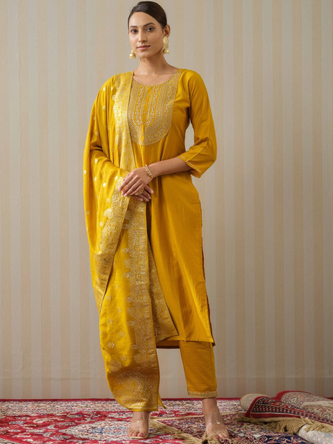 Ode by House of Pataudi Yellow Ethnic Motifs Straight Kurta & Trousers With Dupatta
