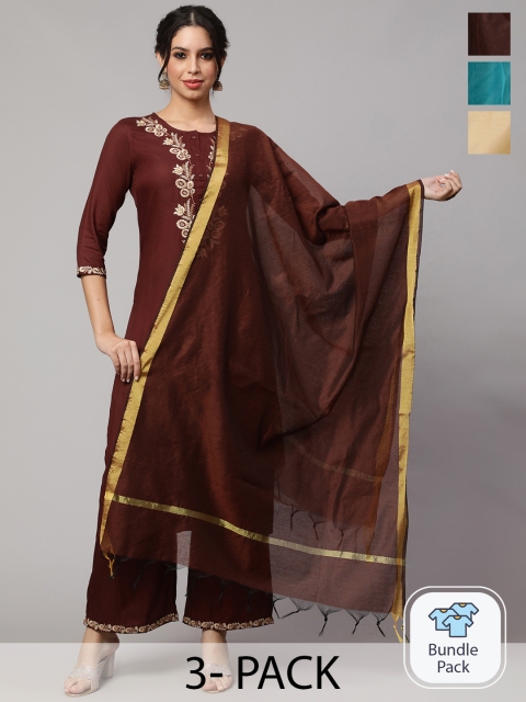Nayo Pack Of 3 Art Silk Zari Dupatta