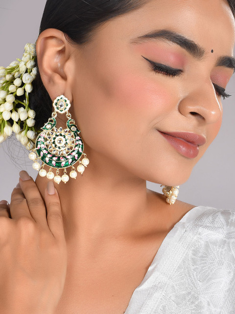 AQUASTREET Gold-Plated Meenakari Peacock Designed Chandbali Earrings - Image 4