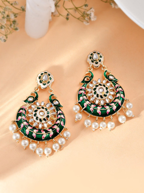 AQUASTREET Gold-Plated Meenakari Peacock Designed Chandbali Earrings