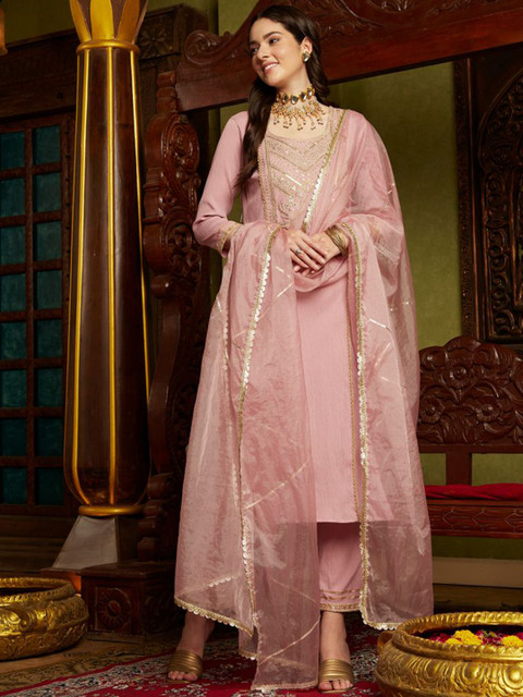 Sangria Mauve Ethnic Motifs Embroidered Sequinned Straight Kurta With Trouser & Dupatta