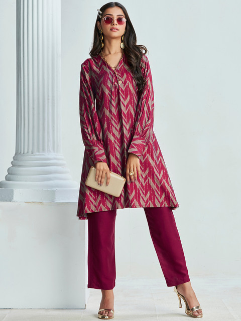 Sangria Chevron Printed A-Line Kurta With Trouser