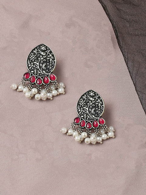 OOMPH Stone-Studded Beaded Contemporary Drop Earrings