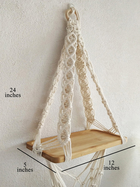 Kaahira Off White Bohmein Style Macrame Hanging Wall Shelf With Attached Wooden Plank - Image 6