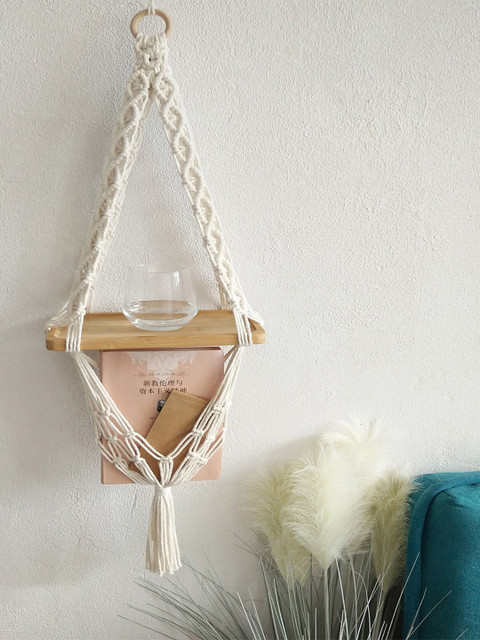Kaahira Off White Bohmein Style Macrame Hanging Wall Shelf With Attached Wooden Plank - Image 2