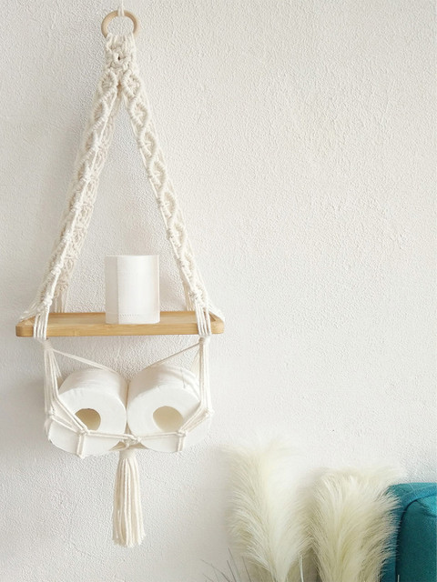 Kaahira Off White Bohmein Style Macrame Hanging Wall Shelf With Attached Wooden Plank - Image 3