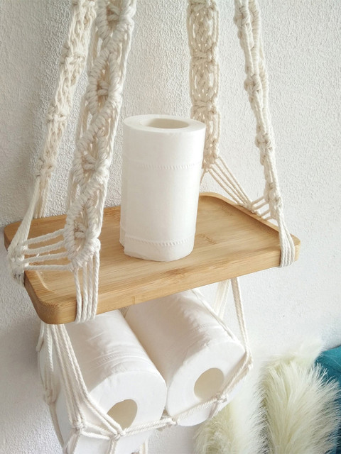 Kaahira Off White Bohmein Style Macrame Hanging Wall Shelf With Attached Wooden Plank - Image 4