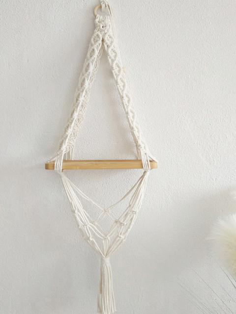 Kaahira Off White Bohmein Style Macrame Hanging Wall Shelf With Attached Wooden Plank - Image 5
