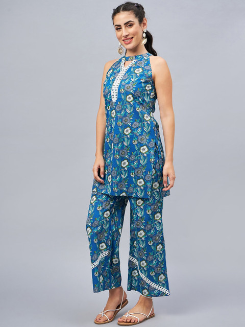 WineRed Printed Pure Cotton Tunic With Trousers - Image 5