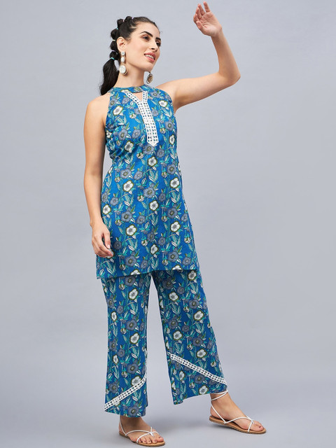 WineRed Printed Pure Cotton Tunic With Trousers - Image 4