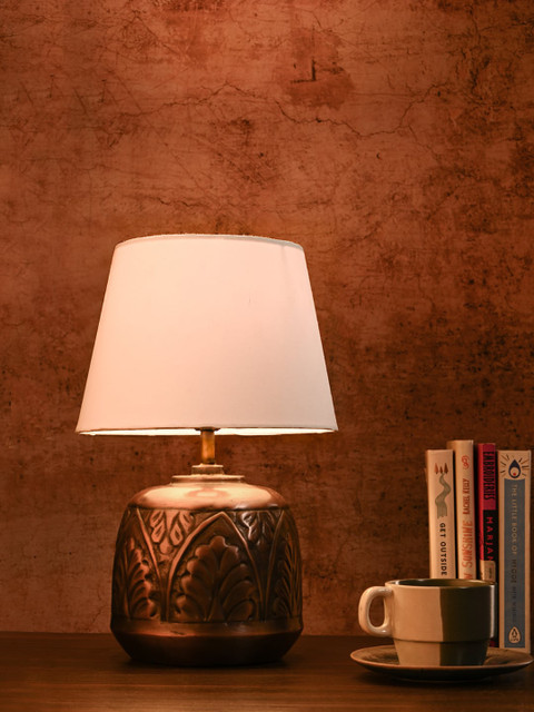 green girgit Copper & White Frustum Shape Leaf Textured Copper Base Table Lamp - Image 2