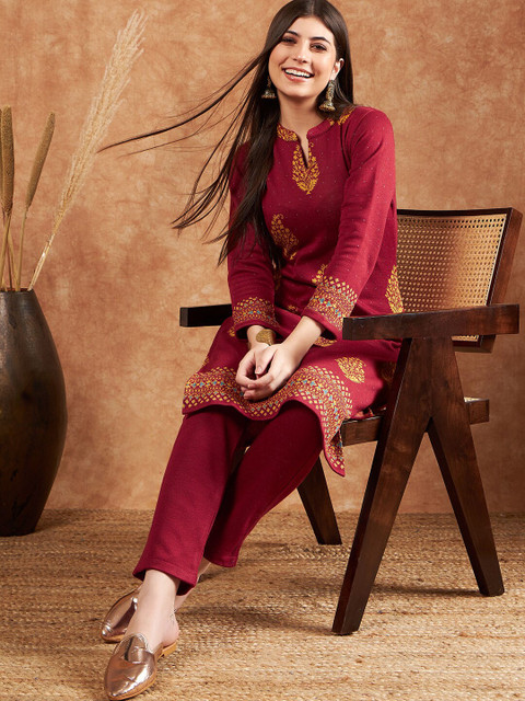 Sangria Ethnic Motifs Woven Design Winter Kurta & Trousers