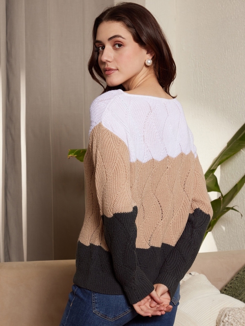 Berrylush White & Brown Colourblocked Tound Neck Acrylic Pullover Sweater - Image 4