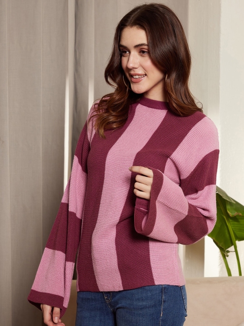 Berrylush Pink & Maroon Striped Acrylic Pullover Sweater - Image 3