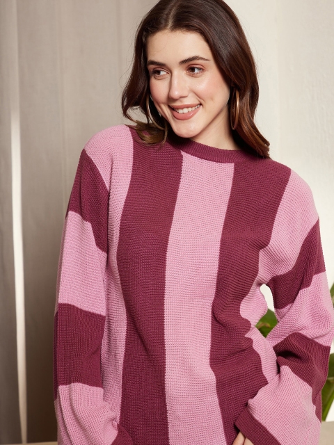 Berrylush Pink & Maroon Striped Acrylic Pullover Sweater - Image 2