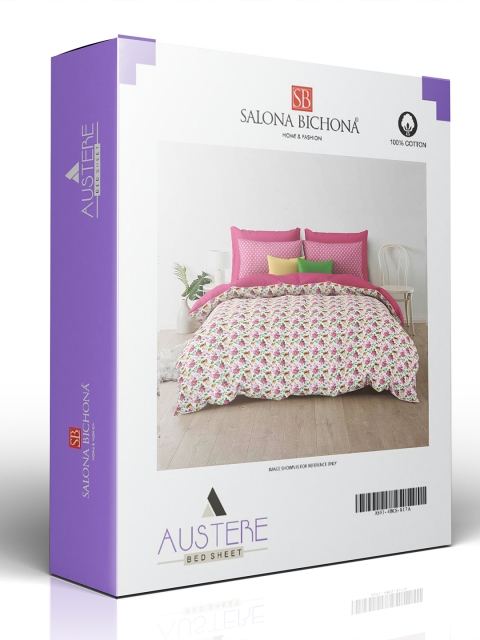Salona Bichona Pink & White Floral Cotton 144 TC King Bedsheet With 2 Pillow Covers - Image 7