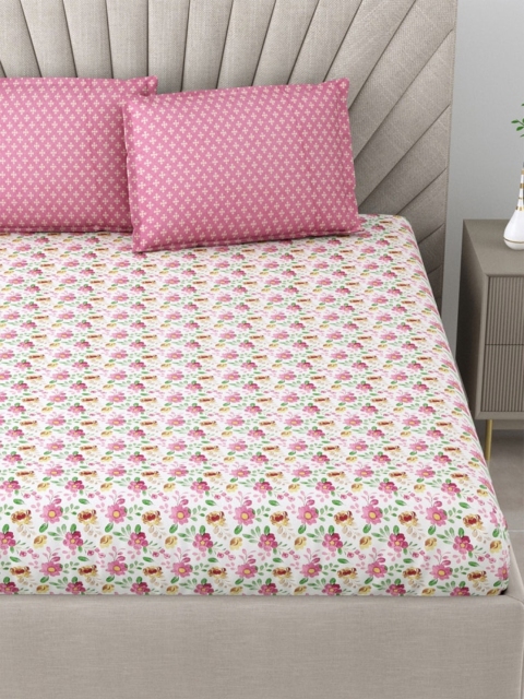 Salona Bichona Pink & White Floral Cotton 144 TC King Bedsheet With 2 Pillow Covers - Image 3