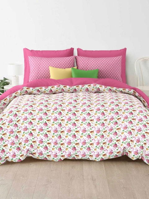 Salona Bichona Pink & White Floral Cotton 144 TC King Bedsheet With 2 Pillow Covers - Image 2