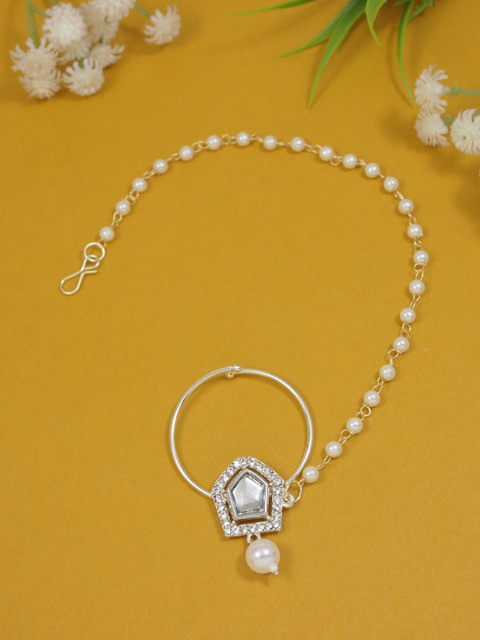 I Jewels Gold-Plated Crystal-Studded Nosepin With Pearl Chain