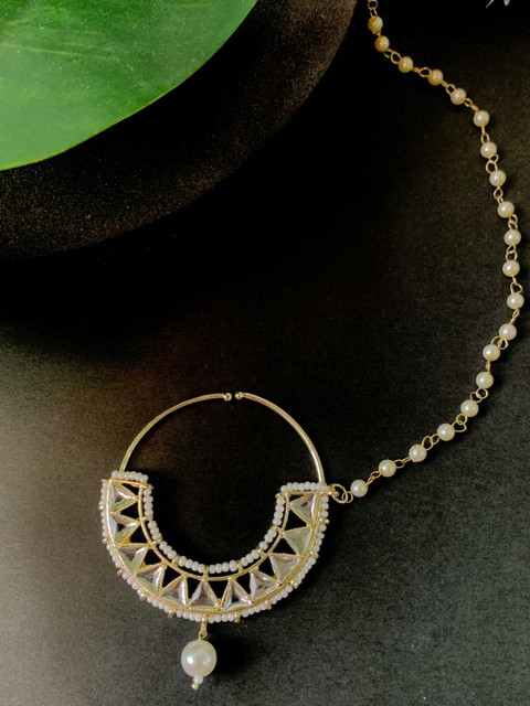I Jewels Gold-Plated Kundan-Studded & Beaded Nosepin With Pearl Chain