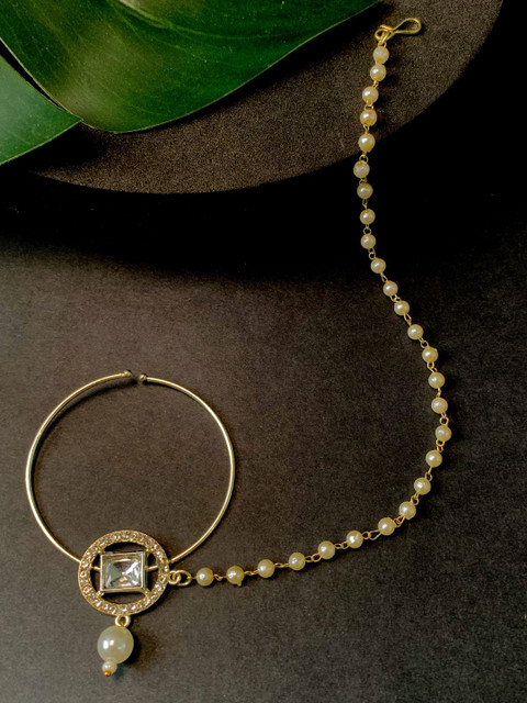 I Jewels Gold-Plated Stone-Studded & Beaded Nosepin