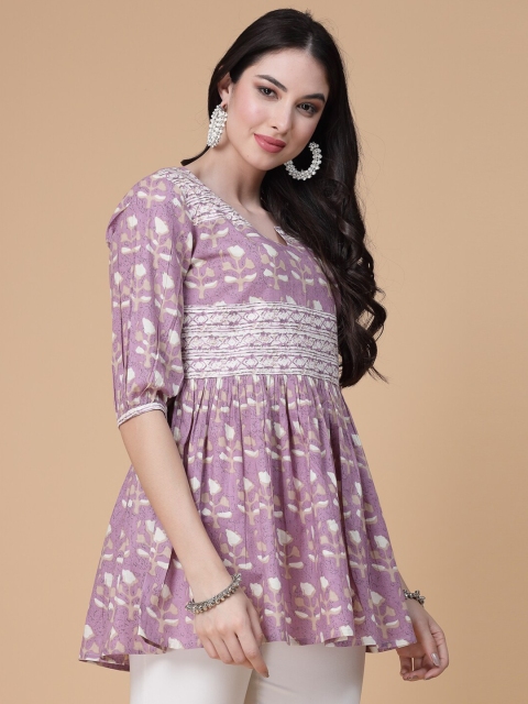 God Bless Floral Printed Puff Sleeves Pure Cotton A-Line Kurti - Image 3