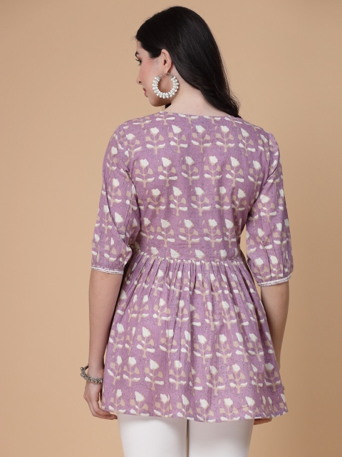 God Bless Floral Printed Puff Sleeves Pure Cotton A-Line Kurti - Image 5