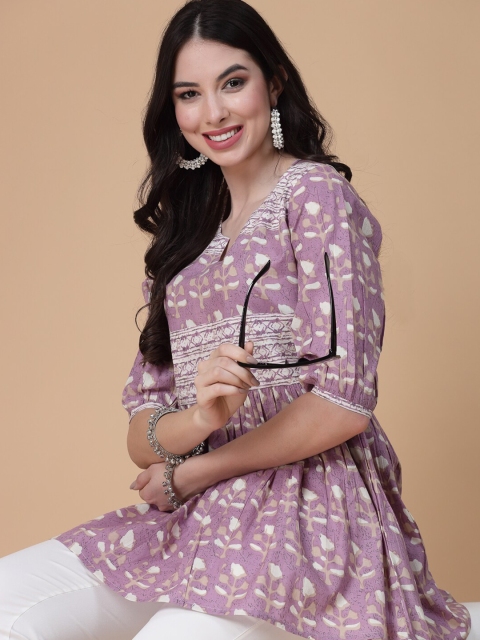 God Bless Floral Printed Puff Sleeves Pure Cotton A-Line Kurti - Image 7