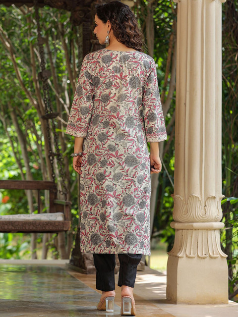 Rain & Rainbow Floral Printed Round Neck Sequinned Straight Kurta - Image 4