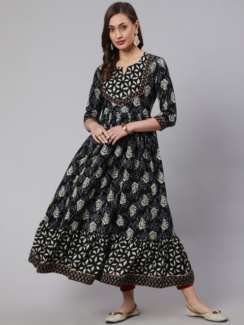 GLAM ROOTS Ethnic Motifs Printed Pure Cotton Anarkali Kurta