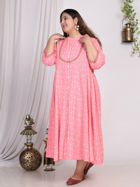 Swasti Plus Size Floral Print Mandarin Collar Midi A-Line Dress - Image 4