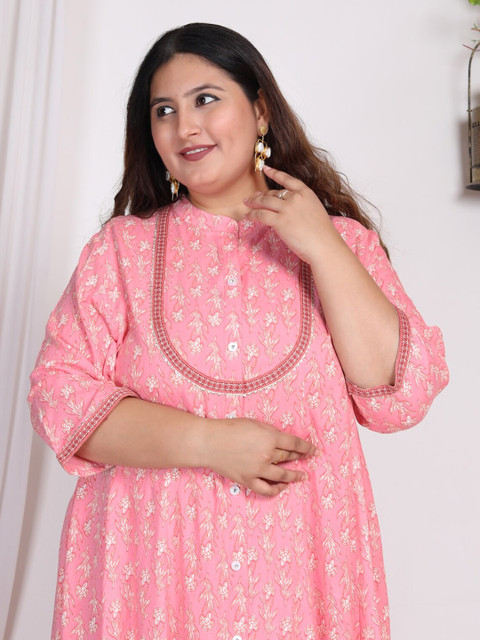 Swasti Plus Size Floral Print Mandarin Collar Midi A-Line Dress - Image 7