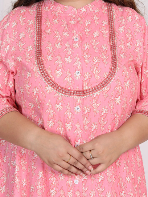 Swasti Plus Size Floral Print Mandarin Collar Midi A-Line Dress - Image 2