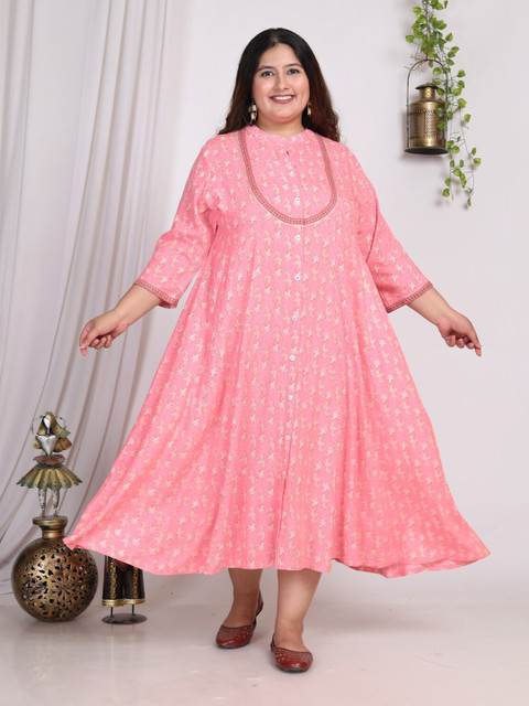 Swasti Plus Size Floral Print Mandarin Collar Midi A-Line Dress - Image 6