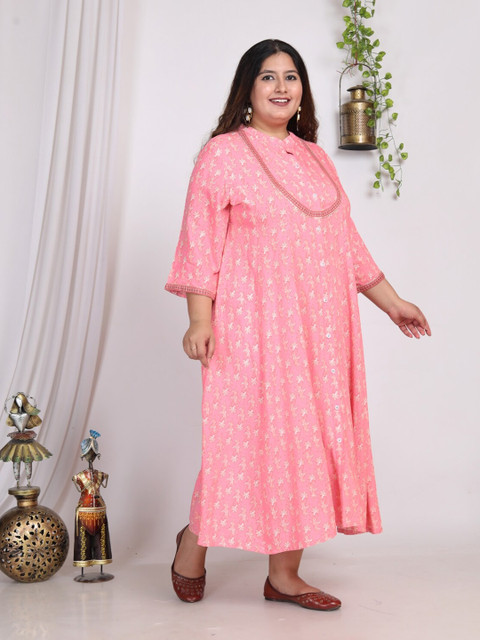 Swasti Plus Size Floral Print Mandarin Collar Midi A-Line Dress - Image 3