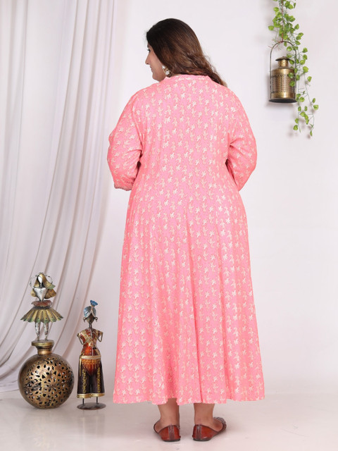 Swasti Plus Size Floral Print Mandarin Collar Midi A-Line Dress - Image 5