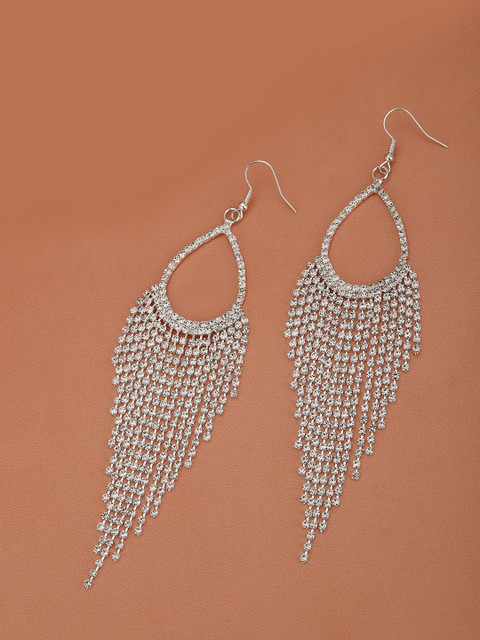 Carlton London Rhodium-Plated CZ-Studded Teardrop Shaped Drop Earrings
